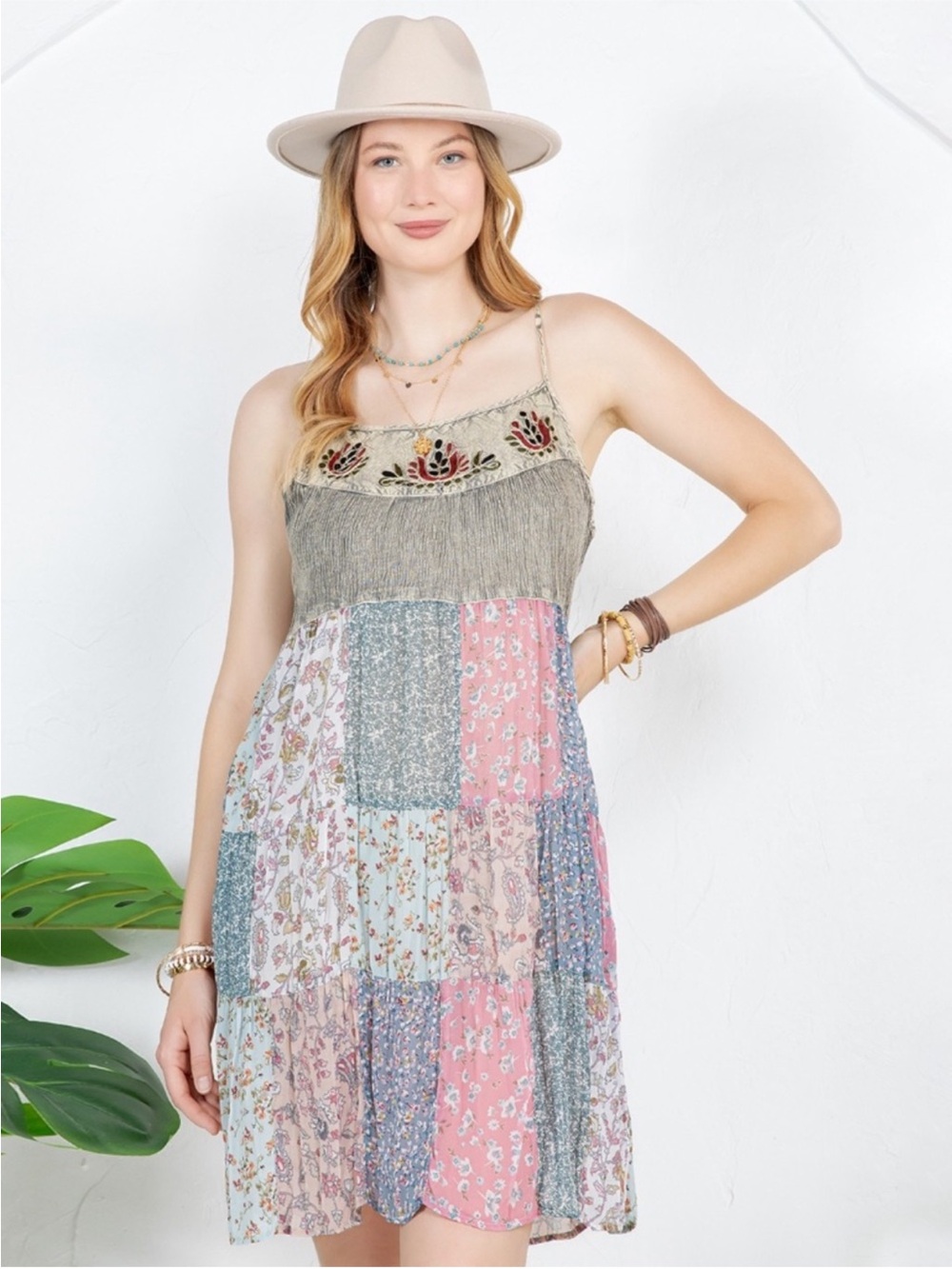 NWT: Young Threads Embroidered Mixed Patchwork Mini Dress• Medium - Picture 3 of 6